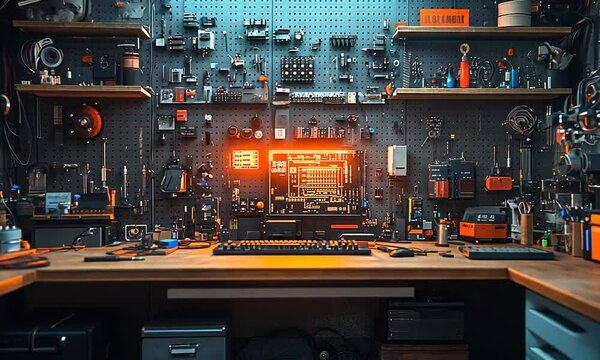 A tech workshop filled with tools and equipment for electronics.