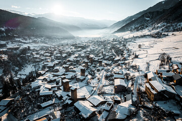 Aerial winter view of famous Mestia town in Svaneti region of Georgia