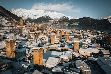 Aerial winter view of famous Mestia town in Svaneti region of Georgia