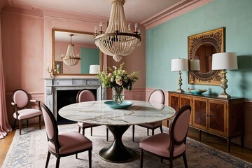 Stylish Dining Room Featuring Round Marble Table and Designer Chairs in Rustic Pastel Decor