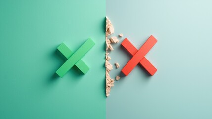 Obraz premium Error vs. Success (Tick vs. Cross) A split screen showing a green tick on one side and a red cross on the other, representing success versus failure, approval versus rejection, and right versus wrong.