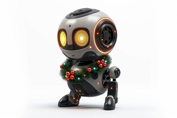 Fototapeta premium Cute Futuristic Robot with Christmas Wreath and Glowing Eyes in Festive Decor