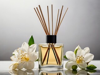 Reed Diffuser With Jasmine Flowers And Golden Liquid