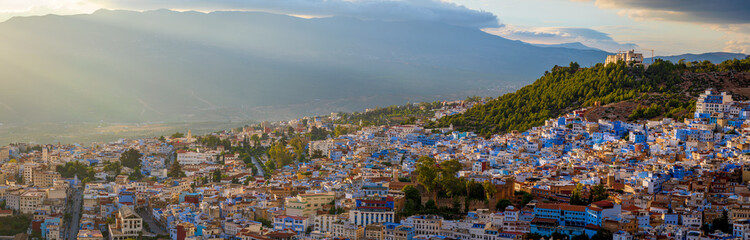 Sunset panoramic view of famous blue city of Chefchaouen in Morocco