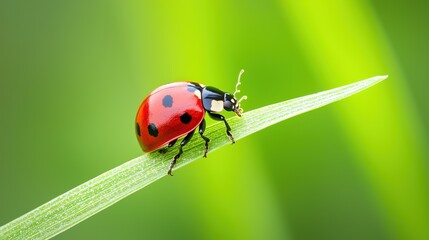 Fototapeta premium Close Up of Grass Blades with Texture Close up of a ladybug crawling on a blade of grass, highlighting the small wonders of the natural world.
