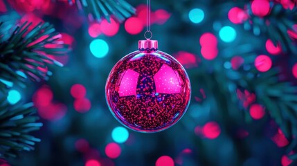 Fototapeta premium Vibrant Pink Christmas Ornament Hanging on a Festive Tree