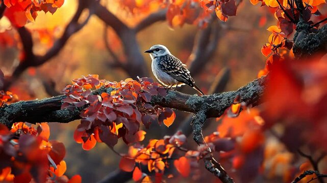 Bird perched on a branch surrounded by vibrant autumn leaves during sunset