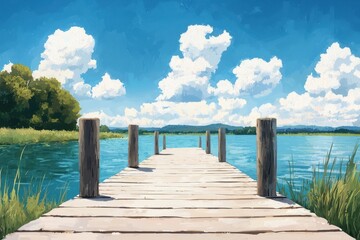 Obraz premium Serene Wooden Dock Surrounded by Calm Water and Lush Landscape