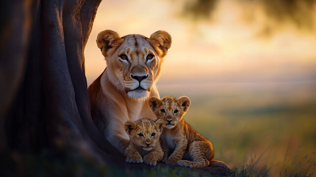 A lioness resting under a tree with two playful cubs during sunset.