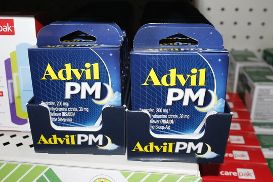 Advil PM boxes closeup shelf Supermarket