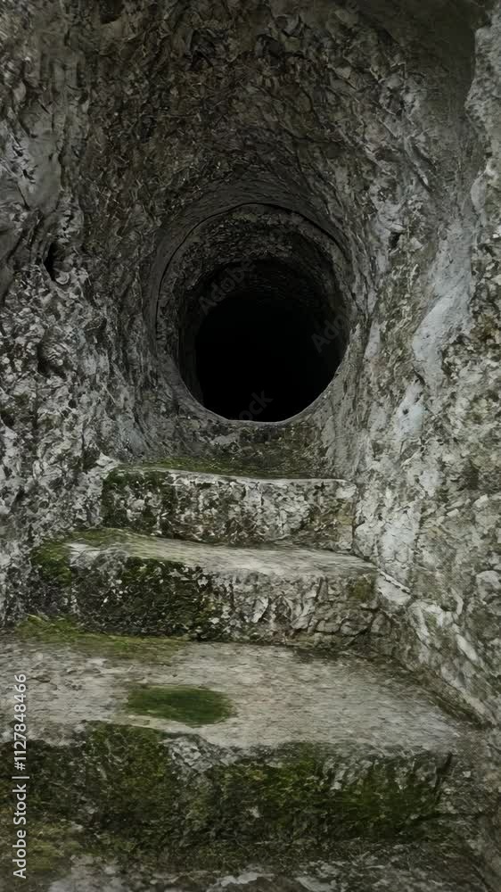 Poster steps leading into a dark cave with rough stone walls in a natural setting during daylight