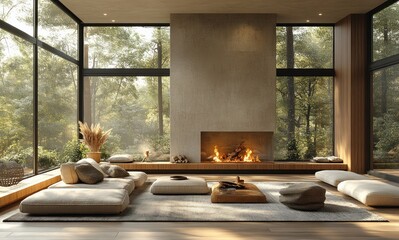 Fototapeta premium Minimalist Living Room Interior with Cozy Fireplace and Natural Wood Elements in Scandinavian Style