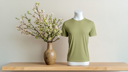 The 3D render mockup showcases an olive slim fit t shirt on a mannequin, highlighting the garment's clean lines, flattering silhouette, and versatile shade of green.