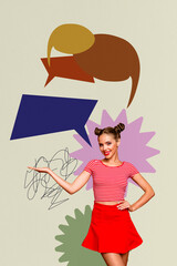 Vertical photo collage of happy girl show colorful bubble notification speech communication...