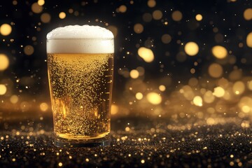 Sparkling Glass of Beer Against a Bokeh Gold Background