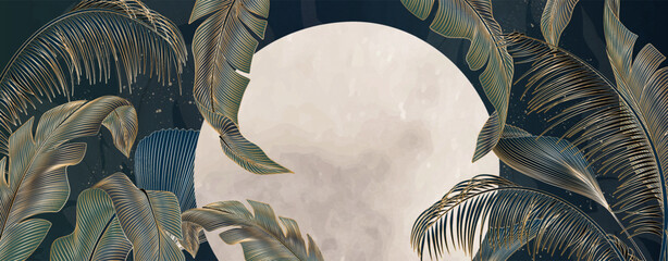 Luxury dark art background with tropical leaves on the moon background in gold line style. Botanical banner for decor, print, wallpaper, packaging, textile, interior design, invitations.