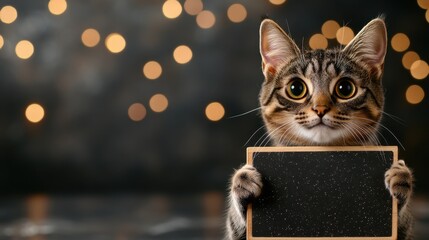 Adorable Cat Holding Message Board in Cozy Magical Room Setting