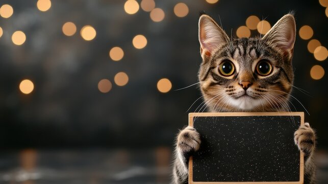 Adorable Cat Holding Message Board in Cozy Magical Room Setting