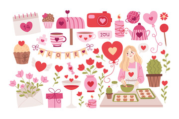 Love romantic flat vector illustrations, elements for valentine's day collection. Beautiful girl in an apron making cookies, flowers, love letter, candles, gift box, sweets, balloons, hearts.