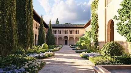 Fototapeta premium Sunlit courtyard, lush gardens, Moorish architecture.