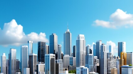 Obraz premium Panoramic View of a Modern Urban Skyline with Skyscrapers and Blue Sky, Showcasing Architectural Diversity and City Landscape at Daytime