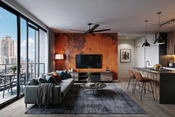 Fototapeta premium Spacious Urban Apartment Design Featuring Rustic Orange Wall Modern Living Room and Functional Dining Space in 3D Rendering