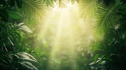 A tropical jungle with shafts of sunlight driving water vapor release from leaves