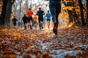 Runners Racing on Leaf-Covered Trail During Golden Hour
