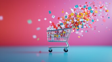 Shopping Cart A 3D rendering of a shopping cart with digital product codes floating around it, visualizing e commerce data, online transactions, and digital marketing strategies.