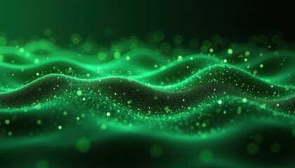 Abstract green tech background features digital waves. Dynamic particles form smooth undulating shapes. Vibrant green hues create futuristic, eco-friendly vibe. Image suits tech companies,
