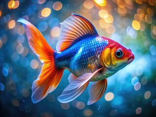 Fototapeta premium Brilliant orange and blue goldfish, captured in a breathtaking underwater photo with stunning bokeh.