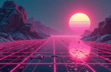 Retro futuristic landscape with vibrant pink grid pattern. Glowing horizon with retro sunset. Grid reflects vivid colors. Vast space shows futuristic tech. Possible tech future. Space travel theme.