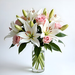 Obraz premium A serene bouquet of white lilies and pink roses in a glass vase for elegant home decor, photograph of still life concept.