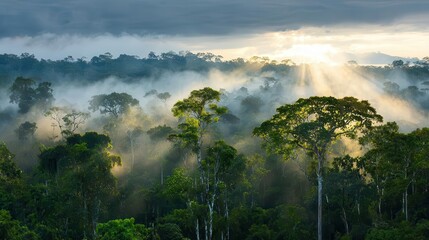 Forest canopy with visible sunlight and vapor, representing the ecosystem s natural energy cycle