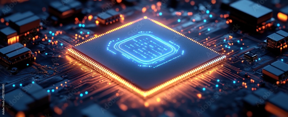 Poster Futuristic Microchip Cyberpunk Design with Cloud Computing Online Data Storage and Security Features