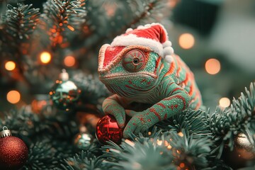 Obraz premium The Santa chameleon with a festive red-and-green pattern, blending seamlessly into a Christmas tree adorned with glowing ornaments, is a truly creative mascot.