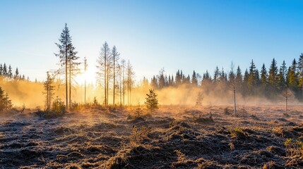 Fototapeta premium Forest clearing with water vapor rising under direct sunlight, powered by the energy cycle