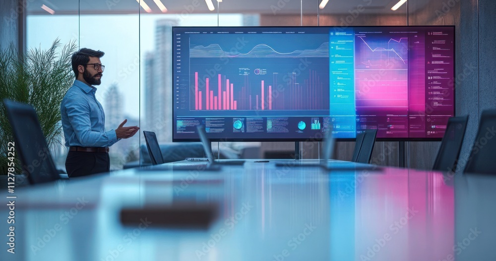 Poster indian computer scientist presenting data analysis with tablet to diverse team in modern office with