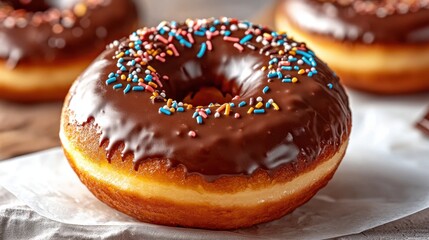A rich, moist donut featuring a perfectly crispy exterior and a decadent chocolate glaze, topped with sprinkles for added texture and sweetness.