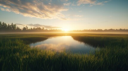 Mist rising from a sunlit wetland, visualizing the ecosystem s natural energy and water cycle