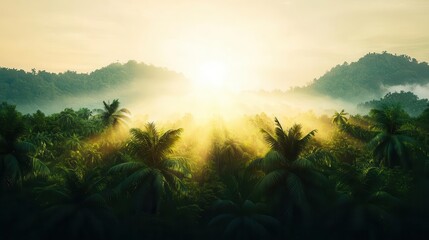 Tropical ecosystem with layers of plants and mist rising, sunlight as the driving energy source