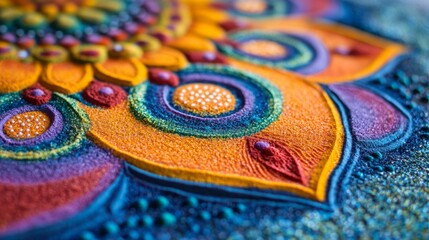 Close-Up of Colorful Mandala Sand Art Creating Vibrant Patterns