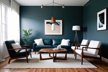 Fototapeta premium Scandinavian Living Room Decor with Stylish Wooden Coffee Table and Modern Armchair