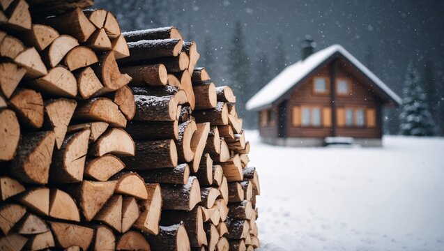 Chopped firewood with a blurred wooden cabin in winter landscape background. - Powered by Adobe