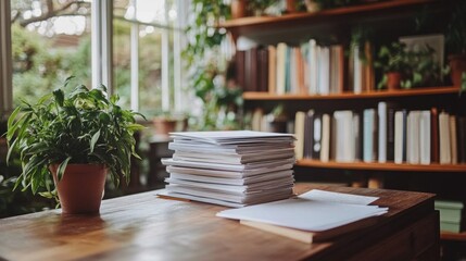 A Stack Of Papers Sits On A Wooden Desk Beside A Plant