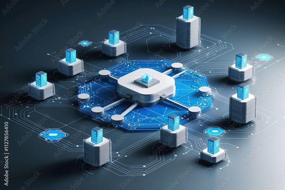 Poster blockchain paradigm: 3d isometric connection of digital nodes in the cryptocurrency network