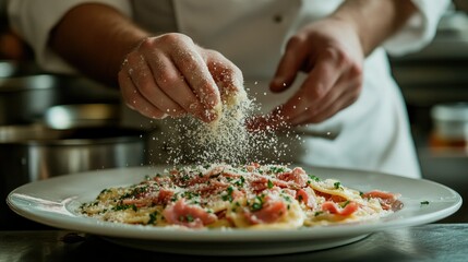 Chef Sprinkling Cheese Over Freshly Made Pasta Dish in Kitchen