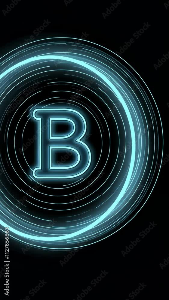 Poster neon blue letter b surrounded by glowing circular patterns with a dark background creating a modern 