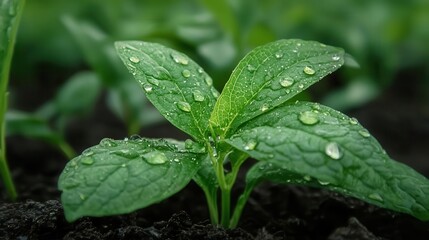 Young sapling in a field with water droplets on its leaves, visualizing energy at work in transpiration