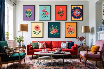 Vibrant Print Gallery in Eclectic Home Setting: Artistic Flair and Creative Illustration for Personalized Decor
